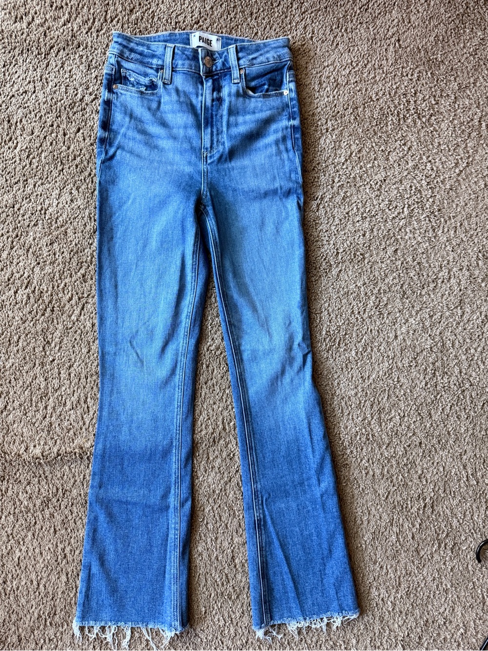 PAIGE Medium Blue High-Rise Flared Jeans with Raw Hem
